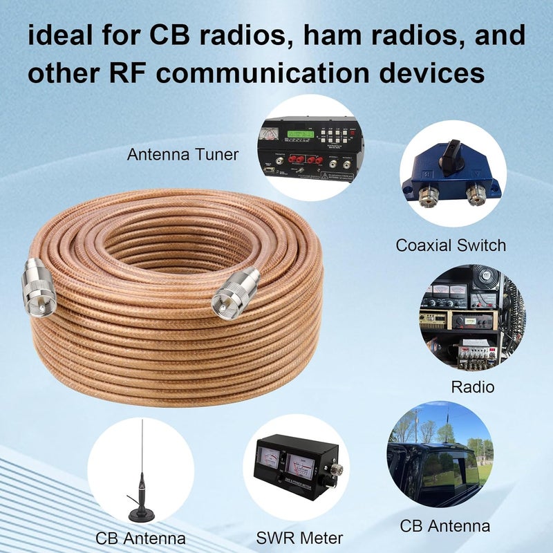 XRDS -RF كابل كوكسيل RG8X بطول 30 قدم مع موصلات UHF ذكر PL259، نواة نحاسية صلبة، درع مضفر، كابل CB لراديو الهواة، راديو HF، وأجهزة الاتصال - Image 5